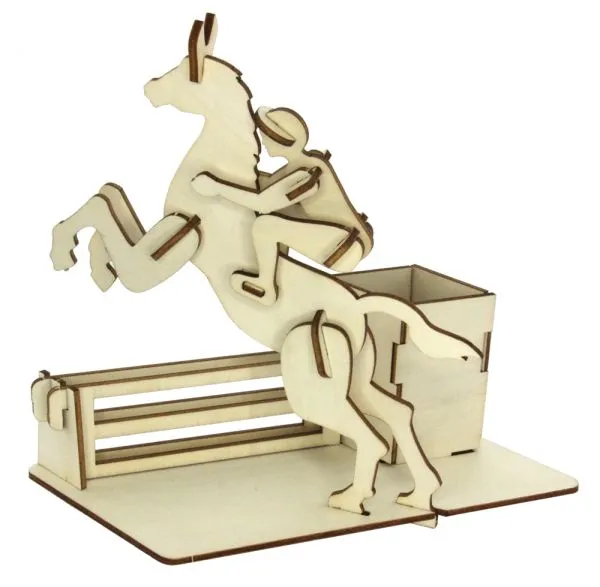 3D Holz Puzzle Springreiter mit Stiftebox
